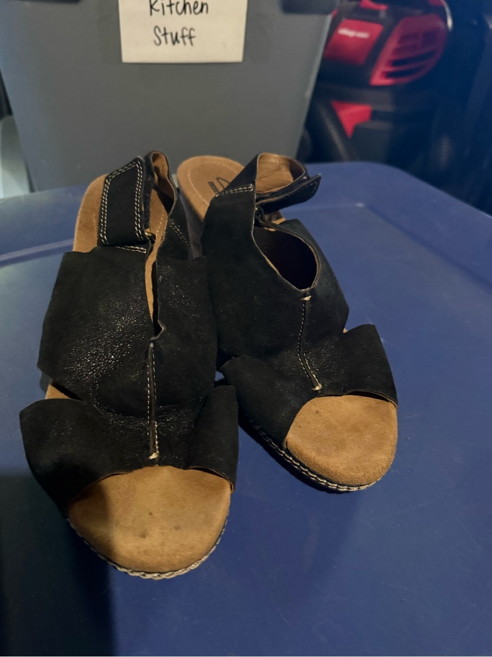 Clarks Black Suede Open-Toe Wedge Sandals with Ankle Strap